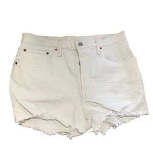 Levi’s 501 White Ivory Button Fly Distressed Stretch Denim Jean Shorts Womens 32